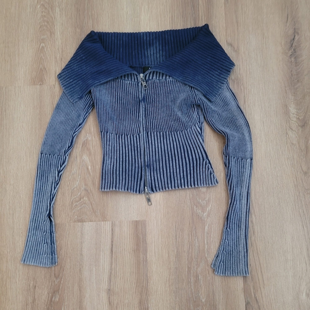 Jaded London Blue Ribbed Off-Shoulder Sweater
